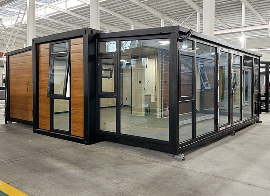 20ft bruin uitgebreid container huis met glazen gordijn muur